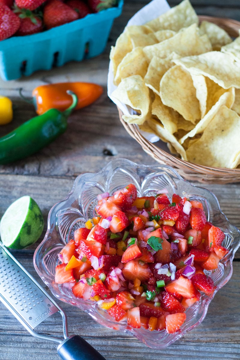 Close up of fresh strawberry salsa.