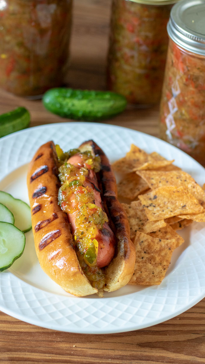 hot dog with relish on white plate