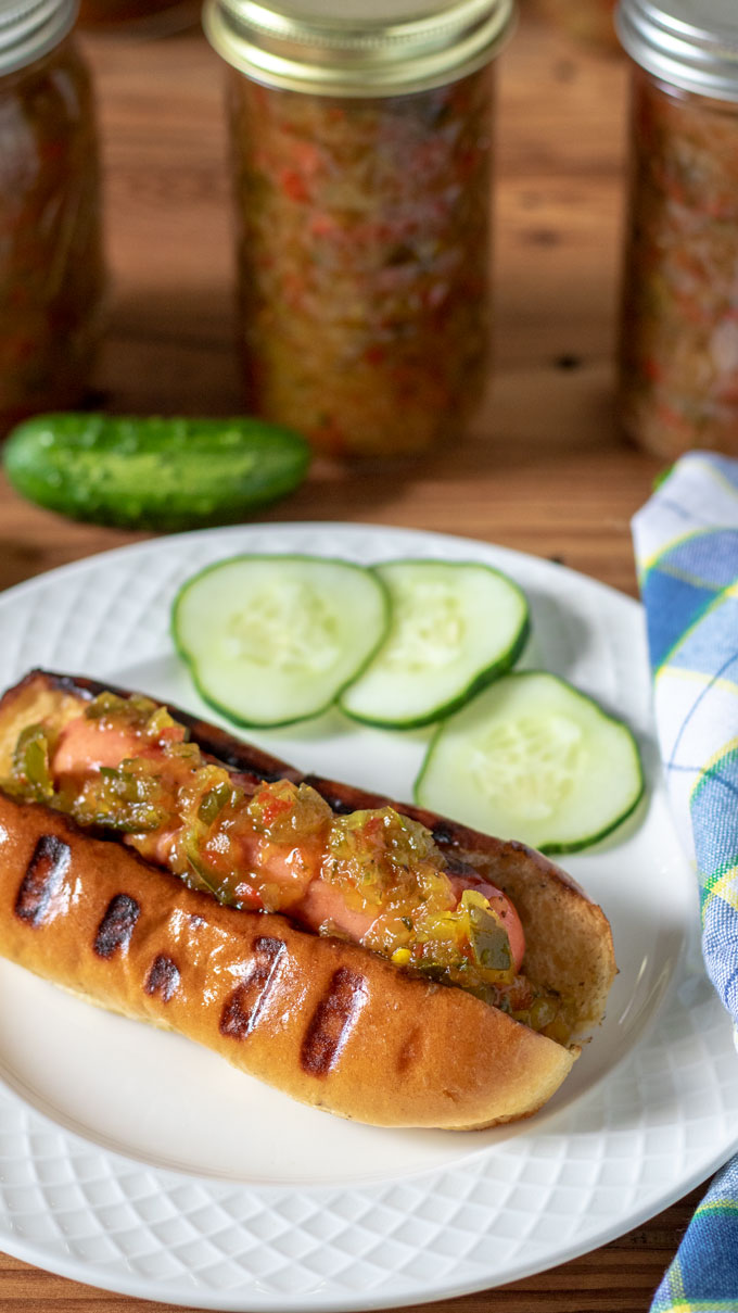 grilled hot dog topped with sweet pickle relish