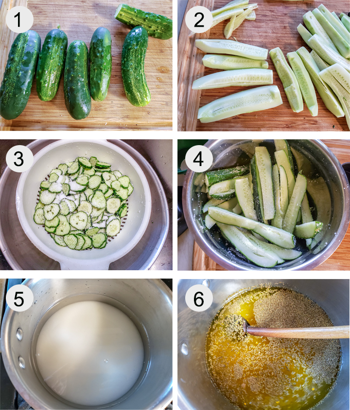 whole pickles on bamboo board. sliced, deseeded cucumbers on board. cross sliced cucumbers in colander with salt added. salt mixed into cucumber spears. water, vinegar, sugar in large pot. spices added to the pot