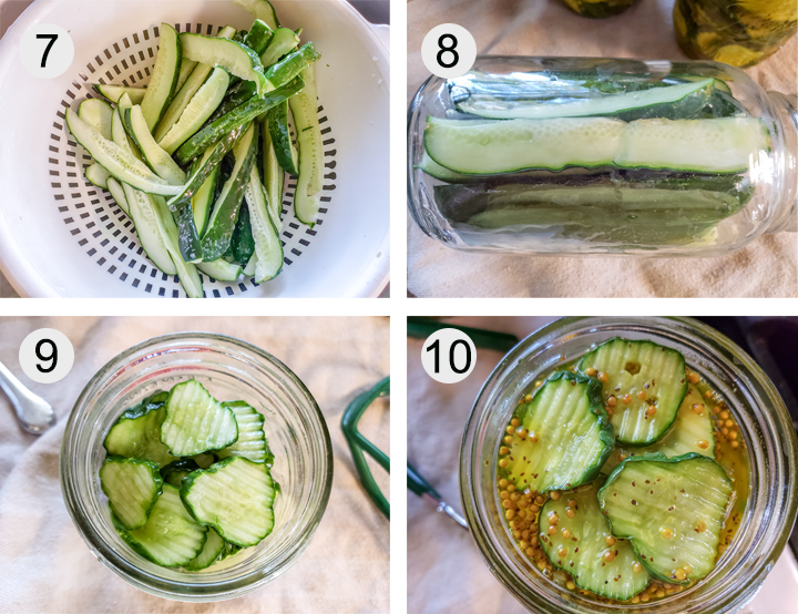 salt rinsed off of cucumbers. cucumber spears loaded into jar, lying on it's side. cucumber slices loaded into jars. pickling liquid added to jar.