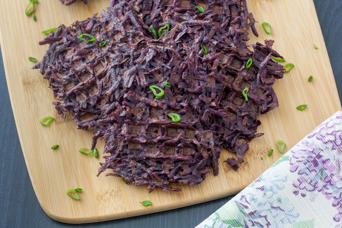 sweet potato waffles arranged on bamboo board