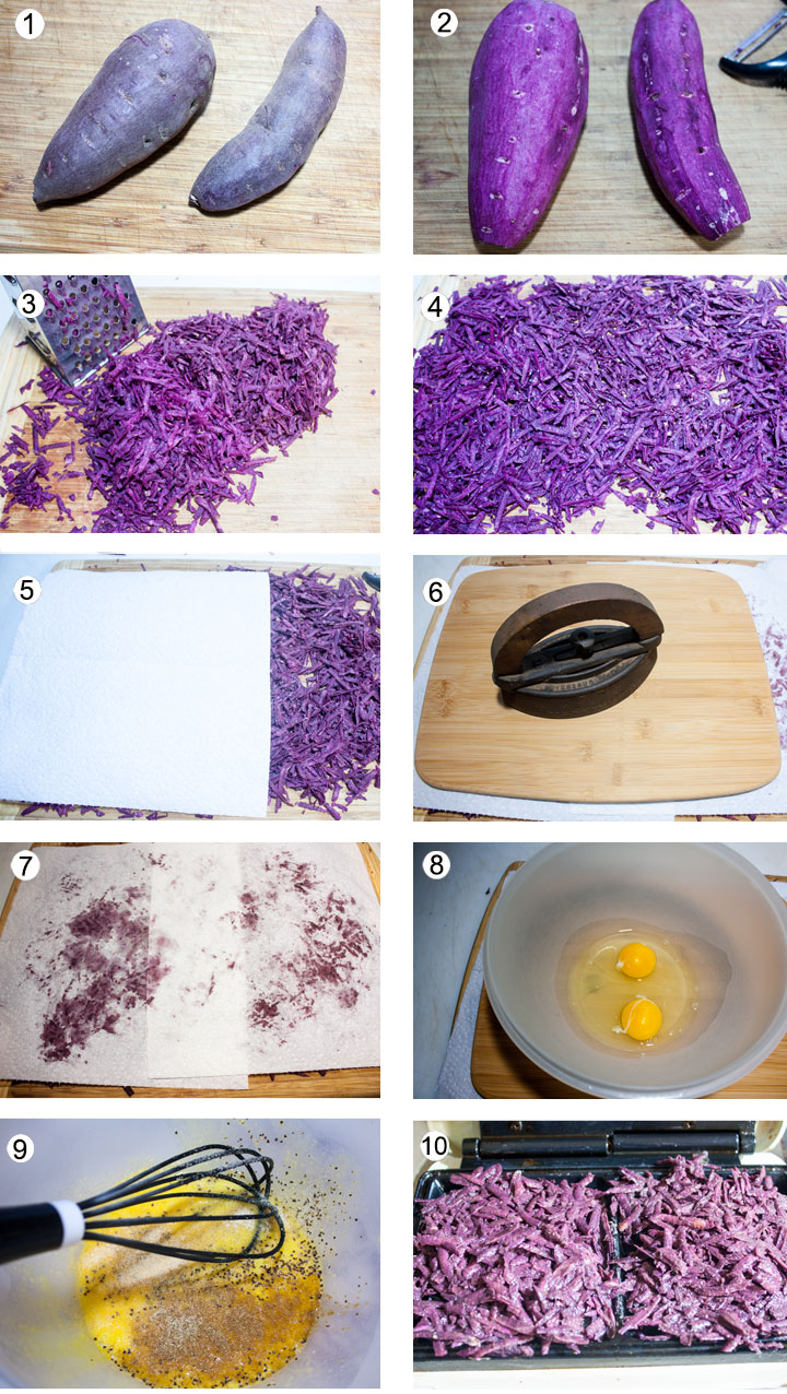 Purple sweet potatoes on cutting board. Peeled purple sweet potatoes. Grated sweet potatoes on cutting board. Sweet potatoes layed on paper towels. Paper towel layed over sweet potatoes. Paper towels weigthed down. Moisture collected on paper towel. Eggs in bowl. Eggs whisked with spices. Waffles in waffle iron.