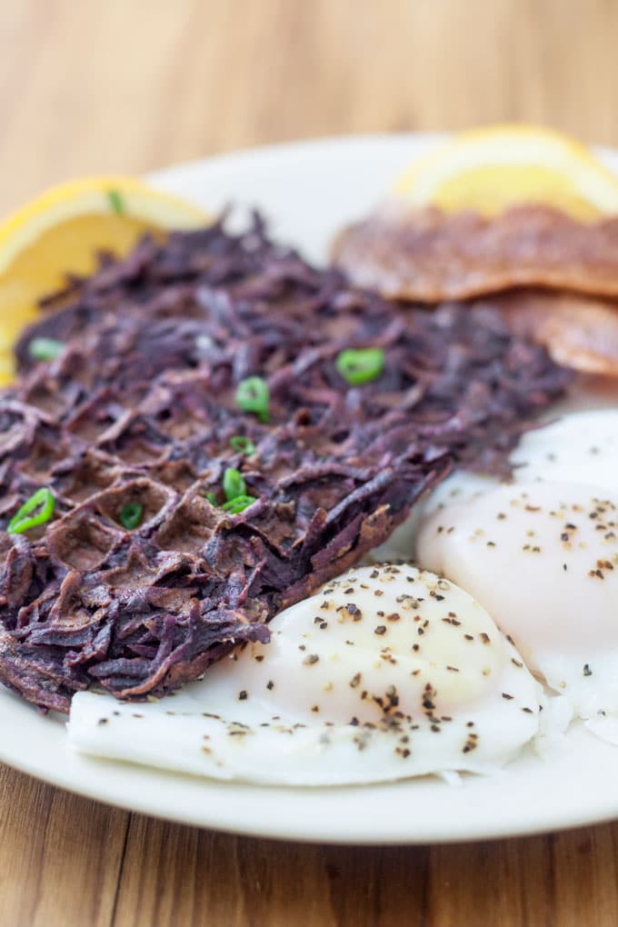 close up sweet potato waffles and eggs