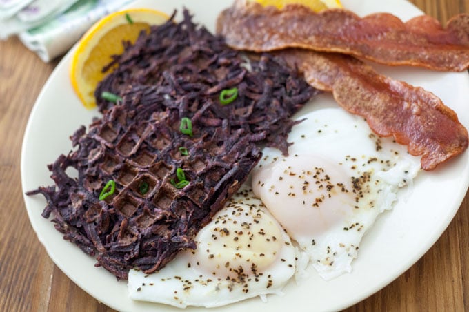 2 sweet potato waffles with 2 eggs and 2 slices turkey bacon for a healthier brunch