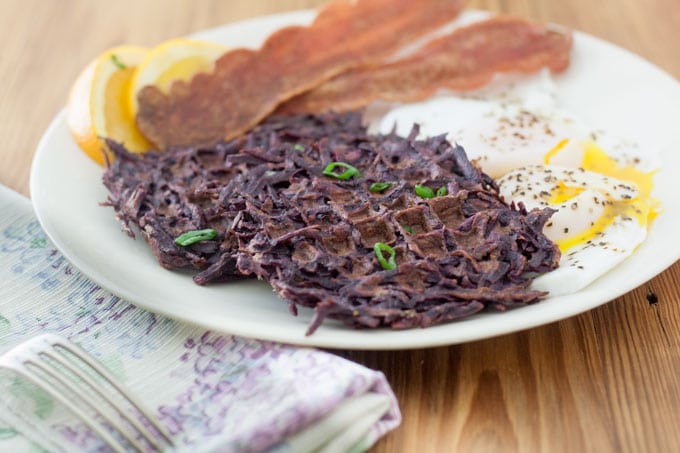 purple sweet potato waffles on white plate
