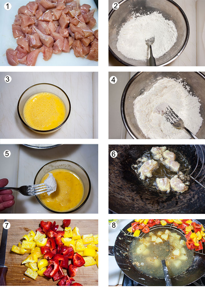 Chicken cut up in pieces on board. Cornstarch in bowl. Chicken cut up in pieces on board. Cornstarch in bowl. Beaten eggs in bowl. Chicken dredged in cornstarch. Chicken frying in wok. Chicken dipped in egg. peppers cut into pieces. Peppers draining on wok shelf and pineapple frying.
