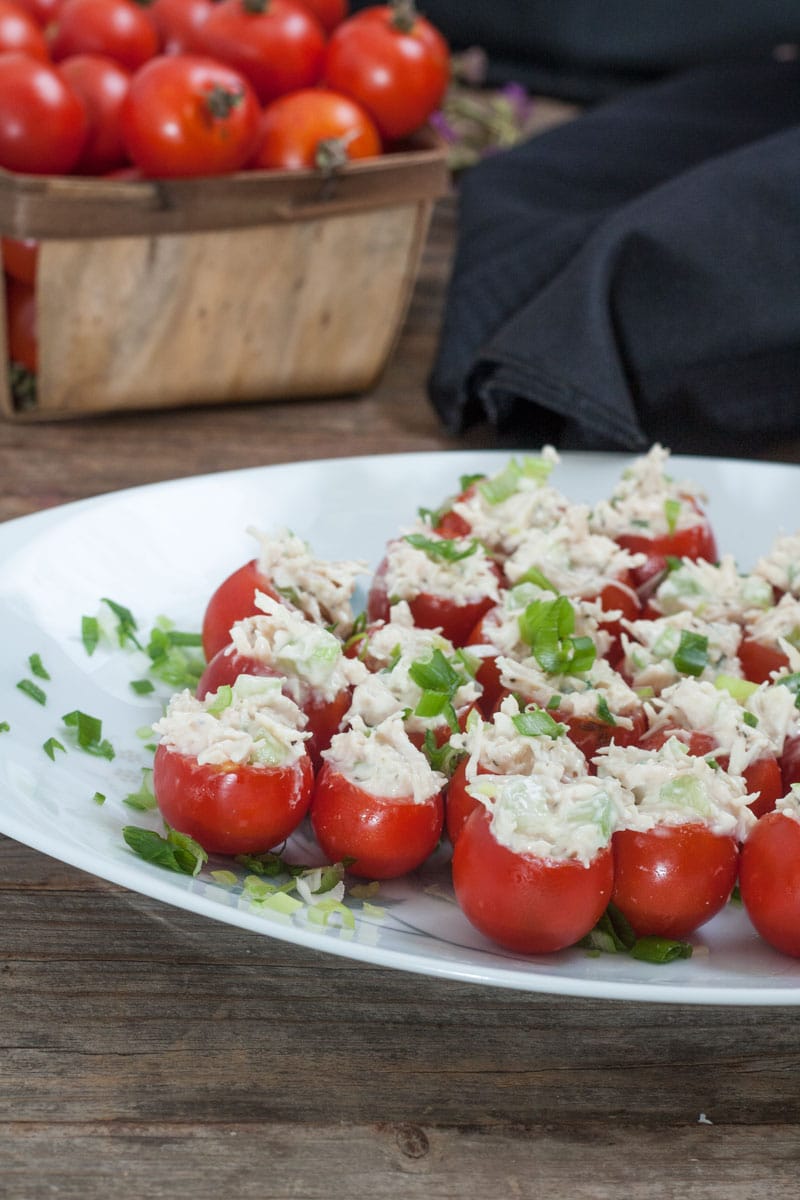 Side view of platter of Chicken Stuffed Tomato Bites