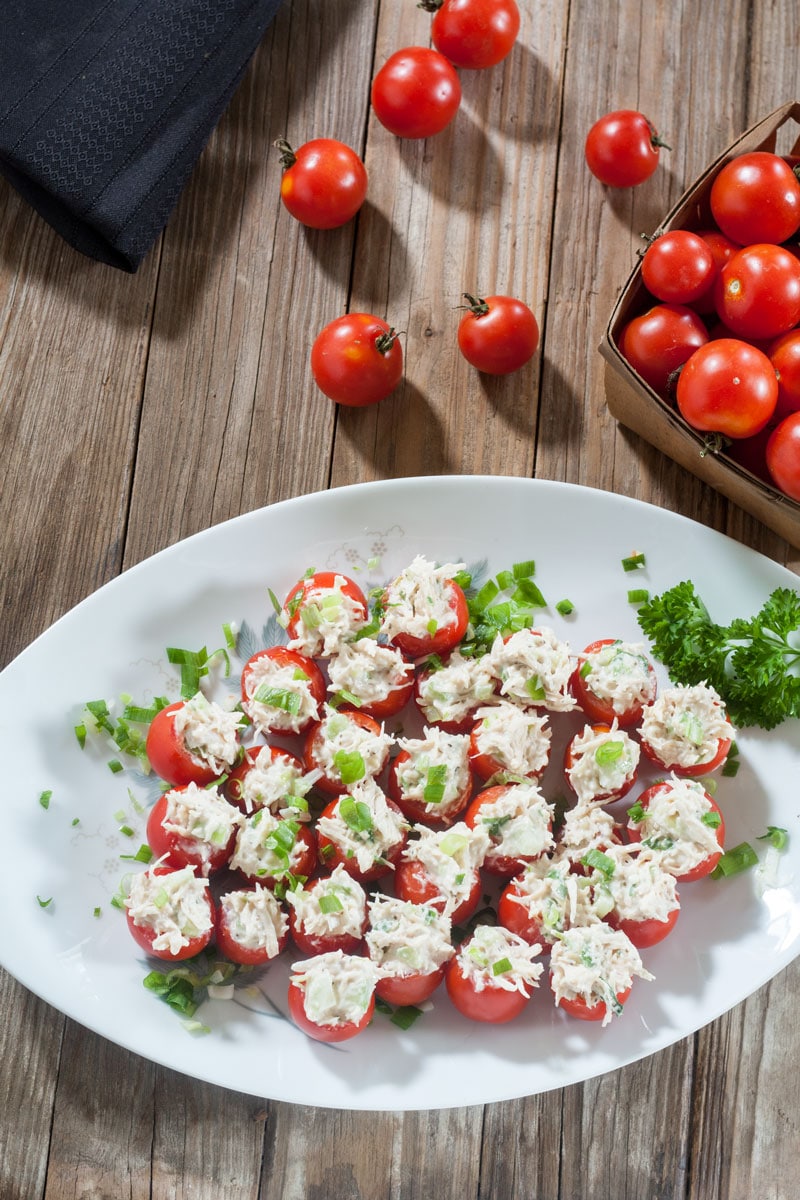 Overhead photo of Tomato Bites on white platter. 