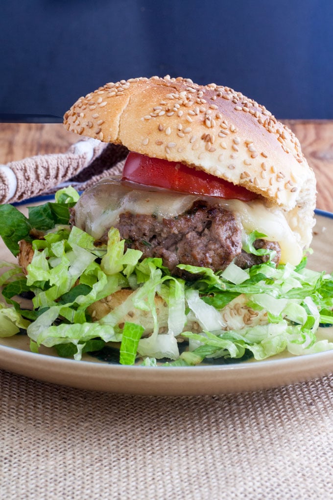venison cheeseburger on poppy seed bun