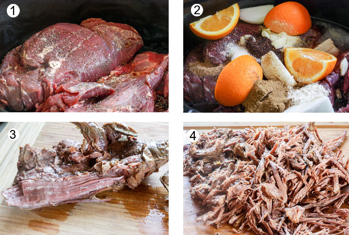 venison in the slow cooker covered with salt and pepper Orange, onion and spice added to the top of venison in the slow cooker. cross section of done venison cooked in the slow cooker. shredded venison on bamboo cutting board