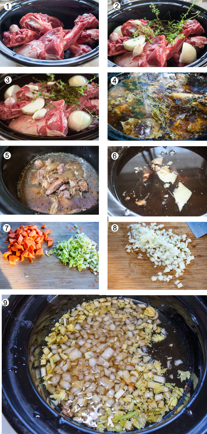 venison bones in crockpot. Onion garlic and thyme added to crockpot. Bones almost coverd with water. Cooked down stock. Meat removed from bones. Accumulated fat on top of soup to skim off. Celery and carrots cut on board. Onions chopped on board. Cooked vegetables.
