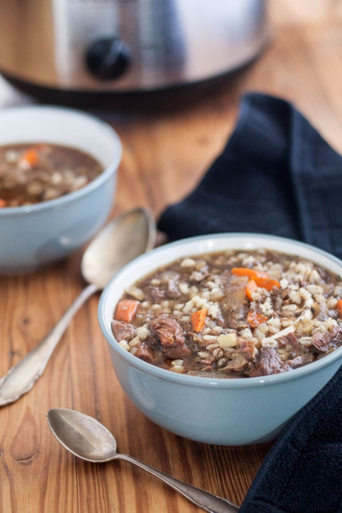 bowl of venison soup with crockpot