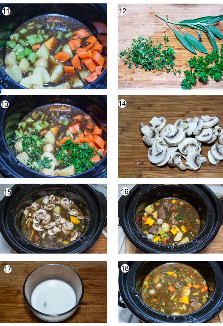 Vegetables added to crockpot. Fresh hebs on cutting board. Chopped herbs added to crockpot. mushrooms sliced.