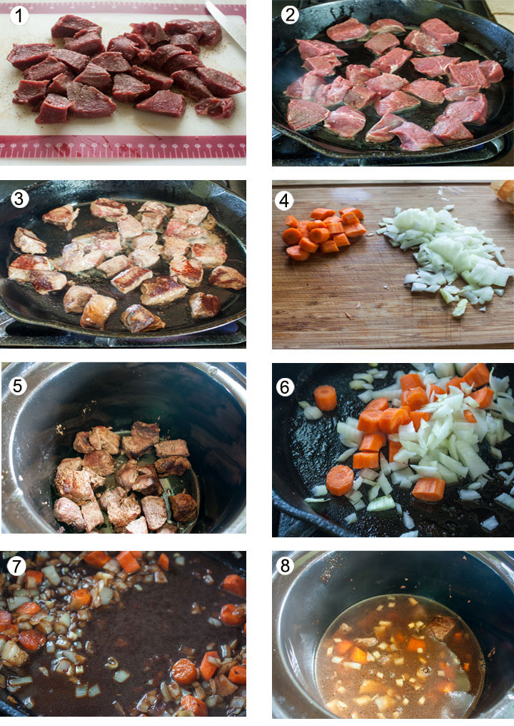 Trimmed venison on board. Venison searing in cast pan. Venison flipped over. Carrots and onion chopped pn board. Browned venison added to crockpot. Onions and carrots in cast pan. Red wine added to vegetables to deglaze pan. Vegetables, wine and water added to crockpot.