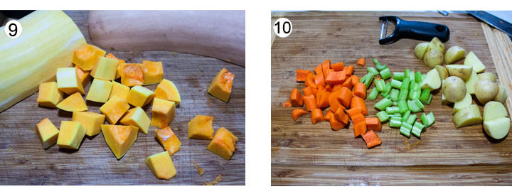 Butternut chopped on board. Celery, carrot and potatoes on board.