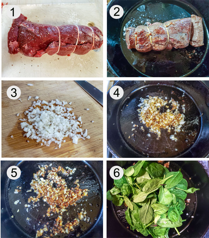 Tied loin. Searing loin in cast iron pan. Onions chopped on board. Onions browning in cast iron pan. Browned onions in pan with garlic added. Spinach added to pan.