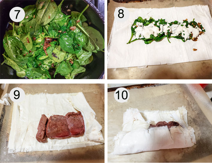 Wilted spinach with onions. Spinach mixture on phyllo dough. Loin added to phyllo dough. Wrapping loin in phyllo dough.