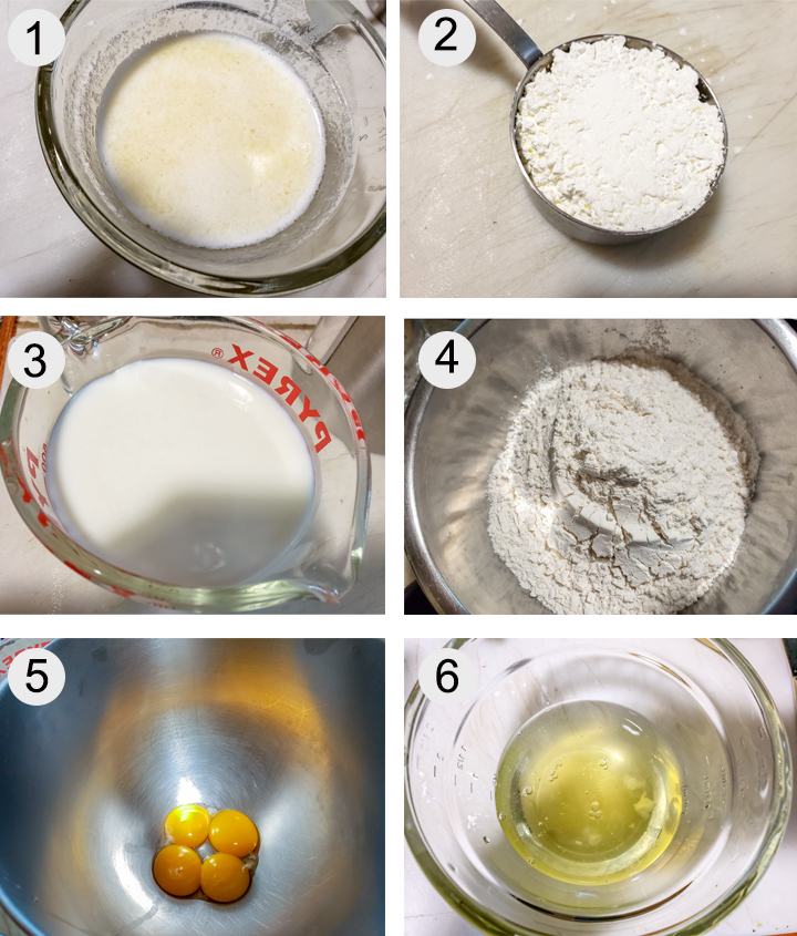 Melted butter. cornstarch. Buttermilk. Dry ingredients. Egg yolks. Egg whites.