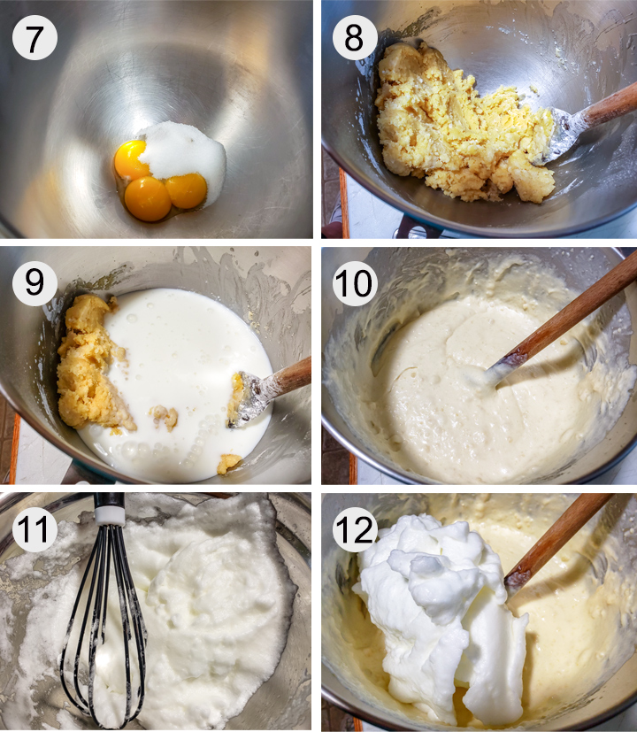 Sugar and eggs. Dry ingredients mixed in. Buttermilk added. Mixed dough. Beaten egg whites. Egg whites added to batter.