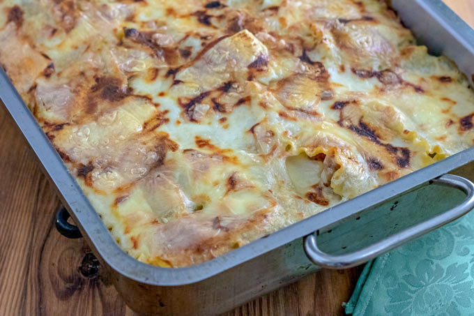 whole casserole of white lasagna