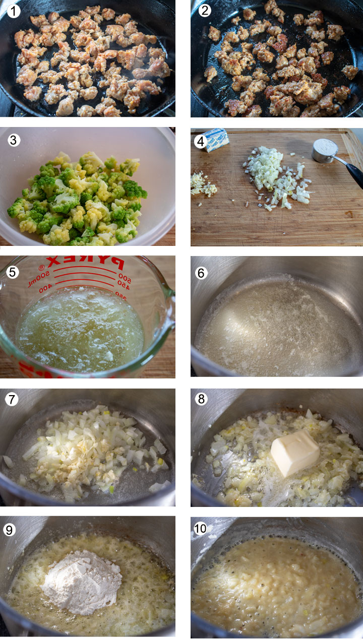 Raw sausage placed in cast iron pan. Sausage after cooking. Blanched romanesco. Ingredients for bechamel. Chicken stock in measuring cup. Melted butter in saucepan. Onion and garlic sauteing in butter. More butter added to pot. Flour added to pot. Cooked roux.