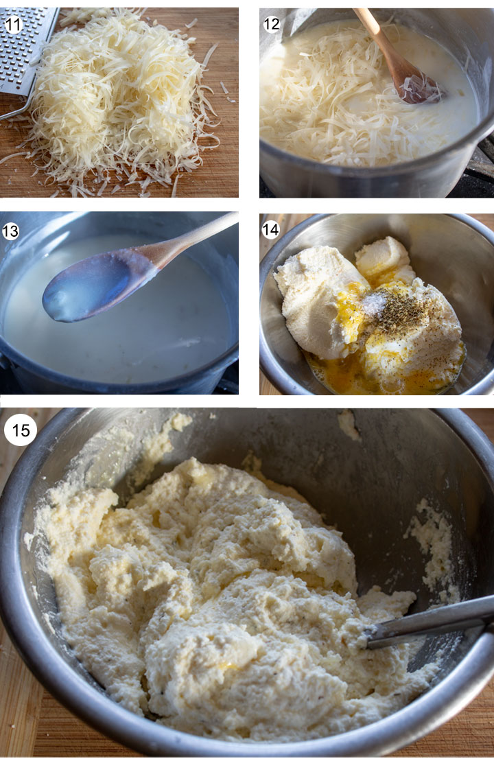 Grated parmesan cheese. Cheese added to bechamel.  Ricotta eggs and spices added to small bowl. Ricotta mixture mixed. 