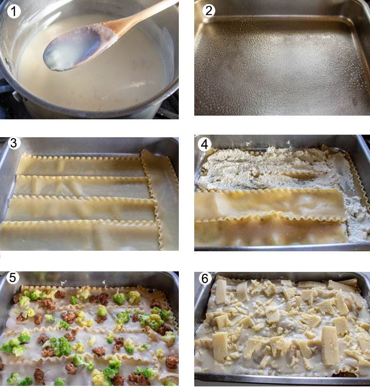 Creamy bechamel in saucepan. Sprayed lasagna pan. Cooked lasgana noodles lined up in pan. Noodles topped with ricotta. New layer of pasta with bechamel, sausage and romanesco added to top. Last layer is finished with bechamel and mozzarella cheese.