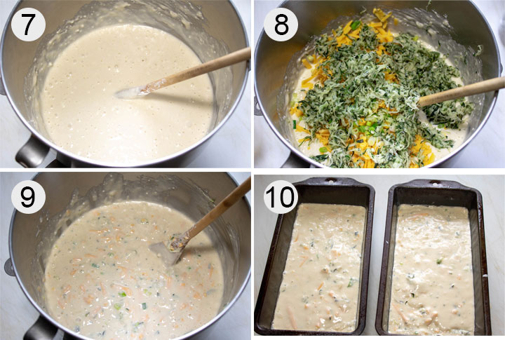Wet ingredients added to dry ingredients. Vegetables and onion added to batter.