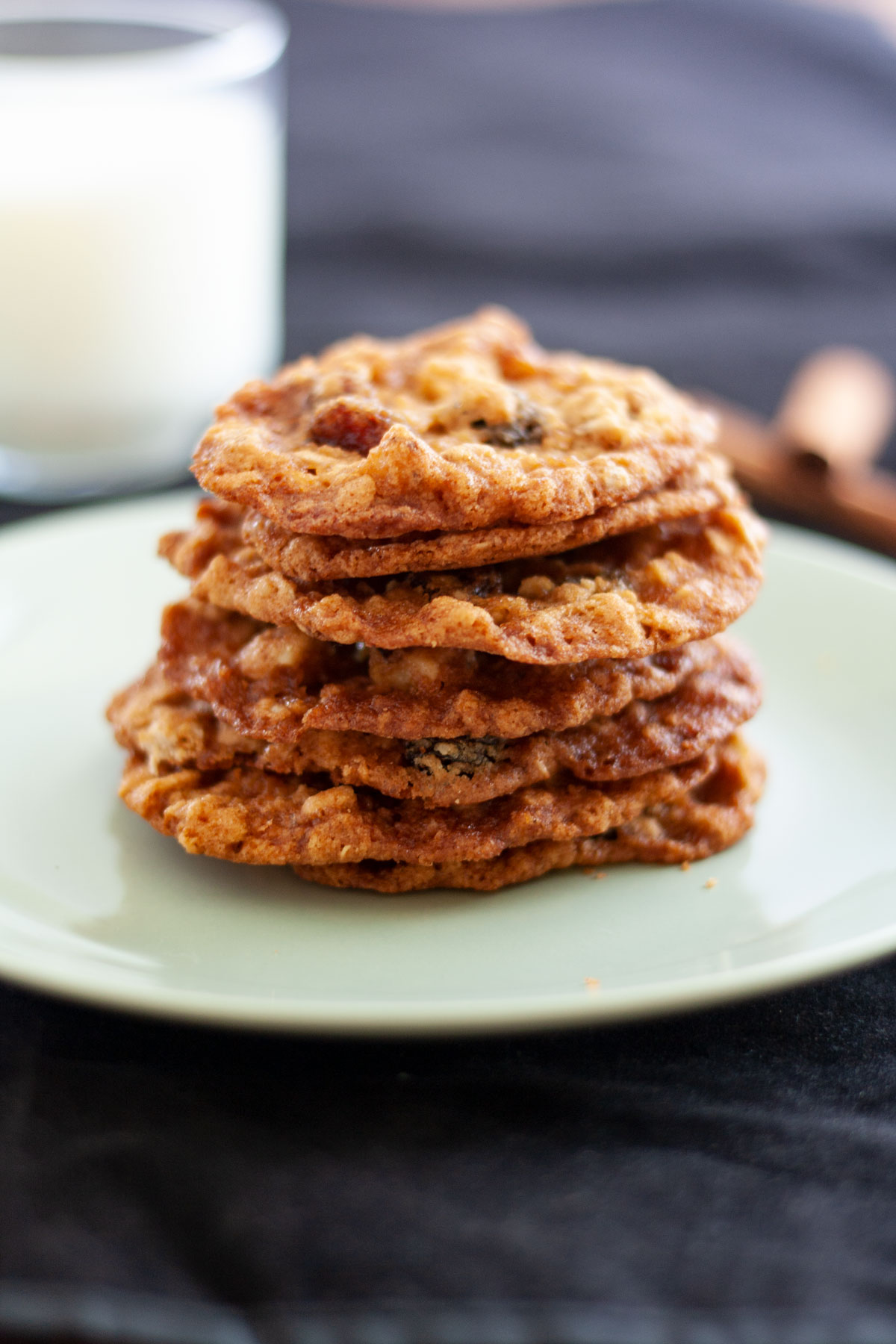 Stack of oatmeal raisin cookies.