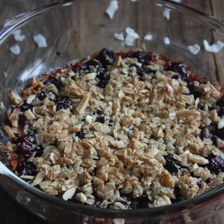 cherry coconut crisp in glass casserole