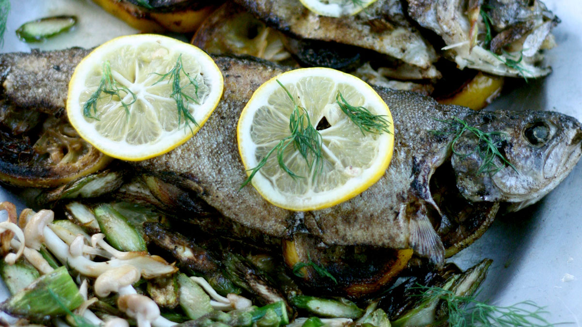 Whole rainbow trout on pewter platter