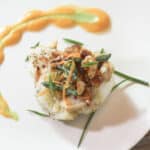 Bacon Horseradish Lobster Stuffed Grouper -Chunk of grouper topped with the bacon horseradish and mini asparagus tips, with sweet potato and asparagus purees piped onto plate