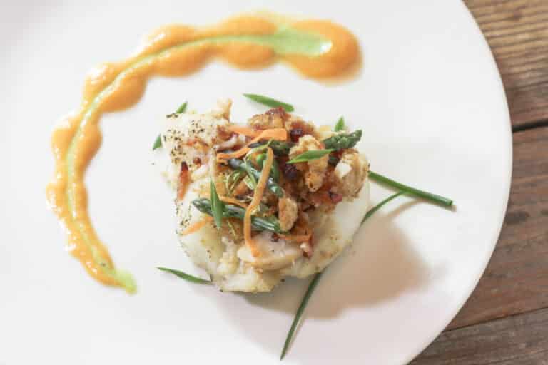 Bacon Horseradish Lobster Stuffed Grouper -Chunk of grouper topped with the bacon horseradish and mini asparagus tips, with sweet potato and asparagus purees piped onto plate
