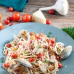 Seafood Fra Diavolo Whole clams with shells, chunks of whole bay scallops and burst cherry tomatoes on a bed of pasta