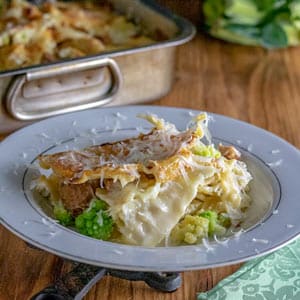 white lasagna with sausage and romanesco in a shallow white bowl.
