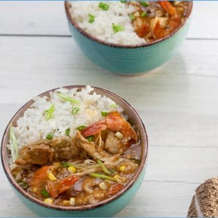 alligator piquant with rice in green bowl