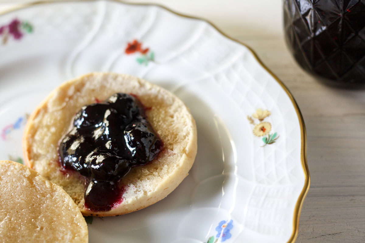 Blueberry Jam on a homemade English muffin.