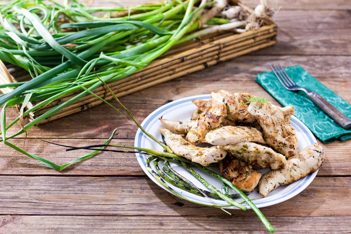 Grilled chicken tenders on white plate with blue trim