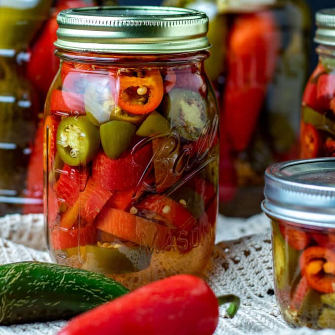 Colorful pepper in jars.