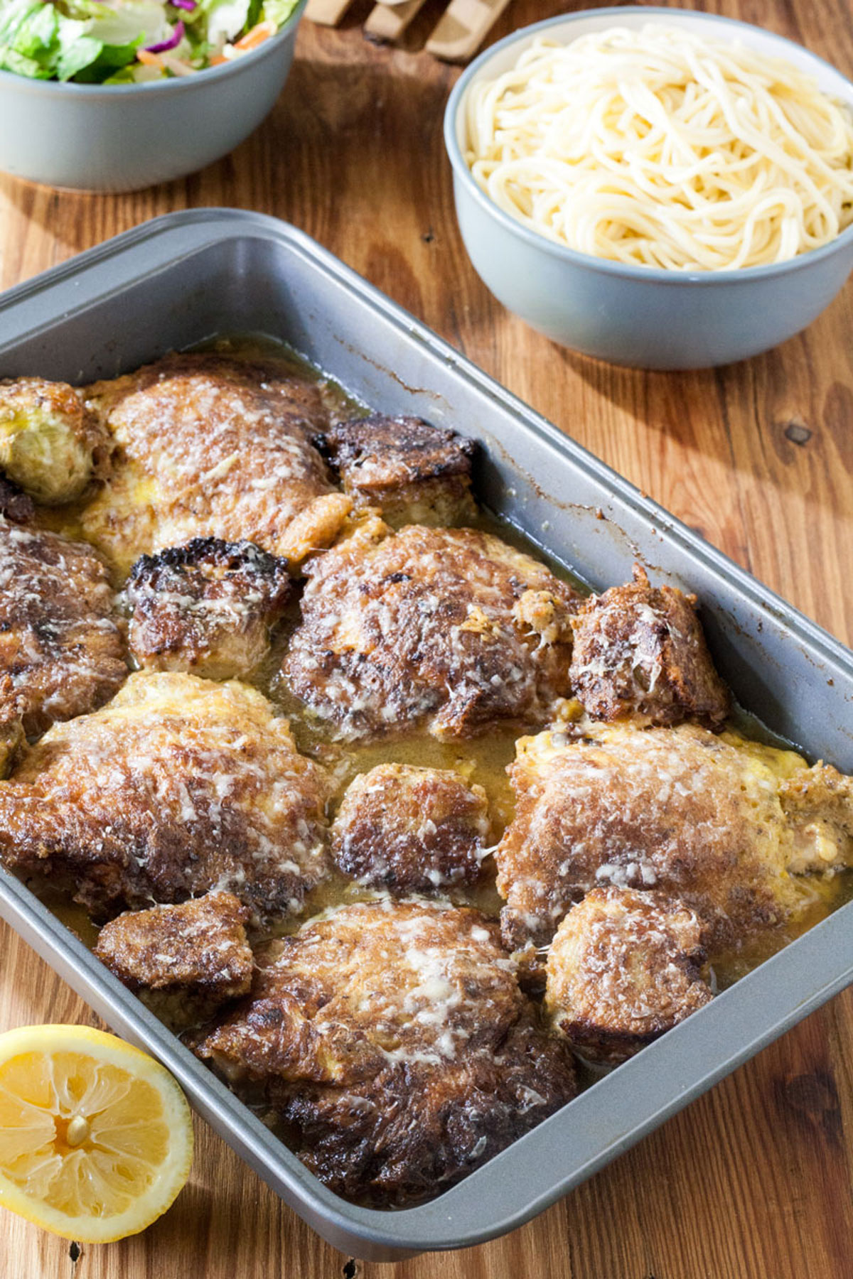 Chicken artichoke French in a metal 9"x 13" baking dish.
