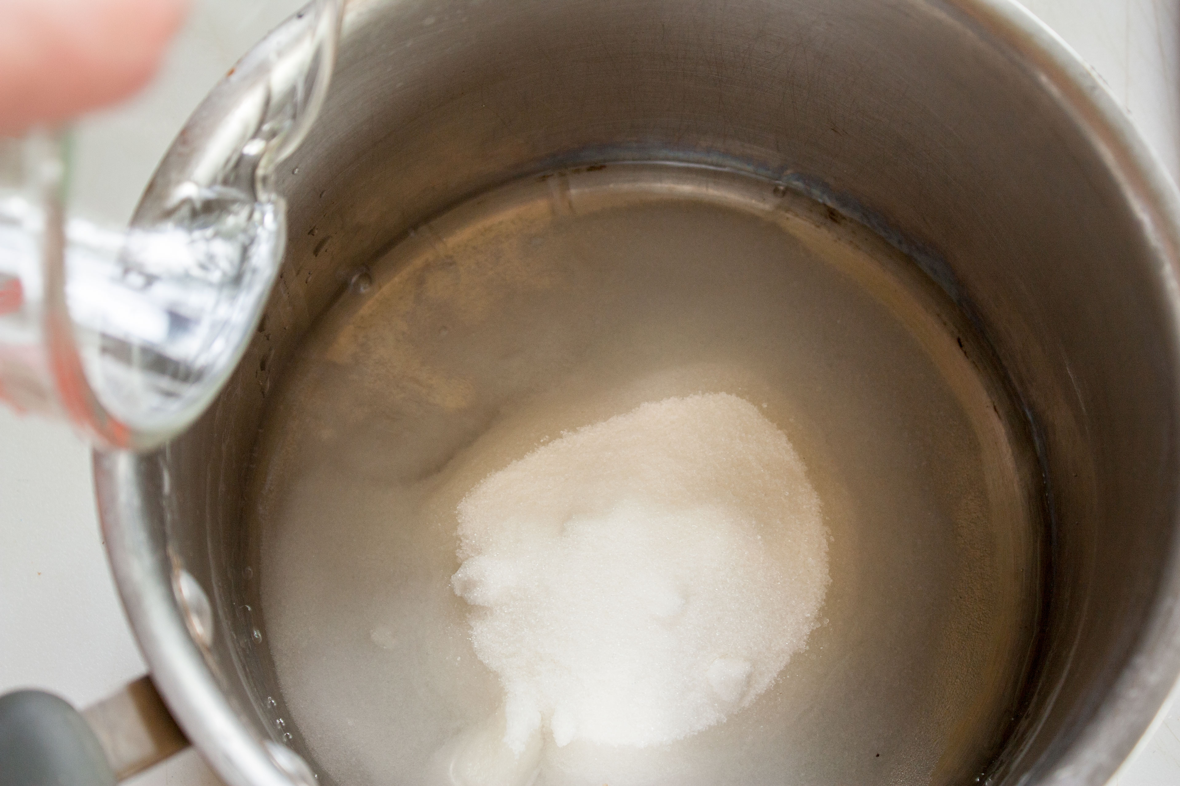 Sugar and water in large pan.