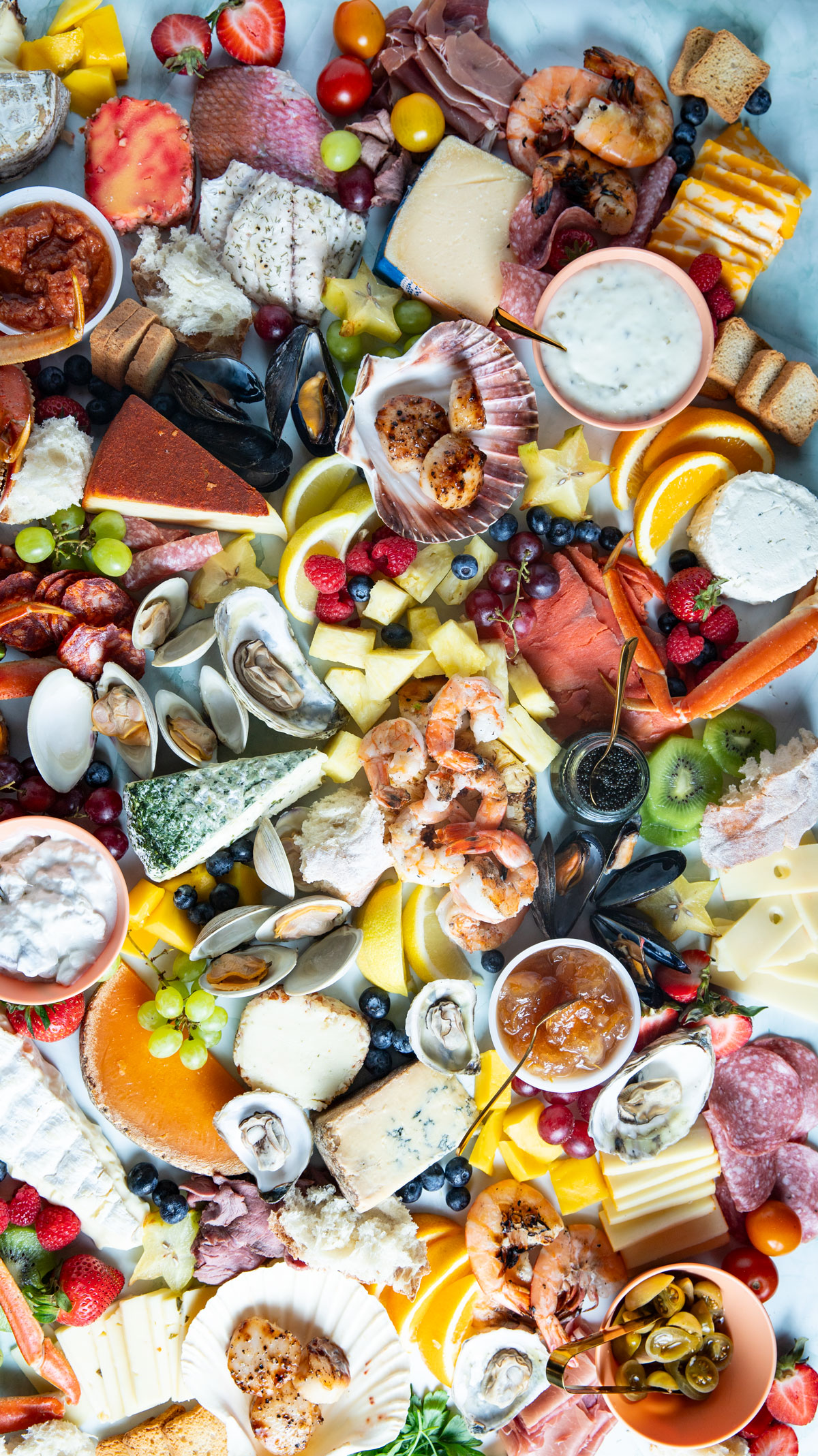 Colorful seafood charcuterie board.