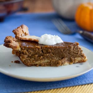 Dairy free pumpkin pie slice with dollop whipped cream on white plate