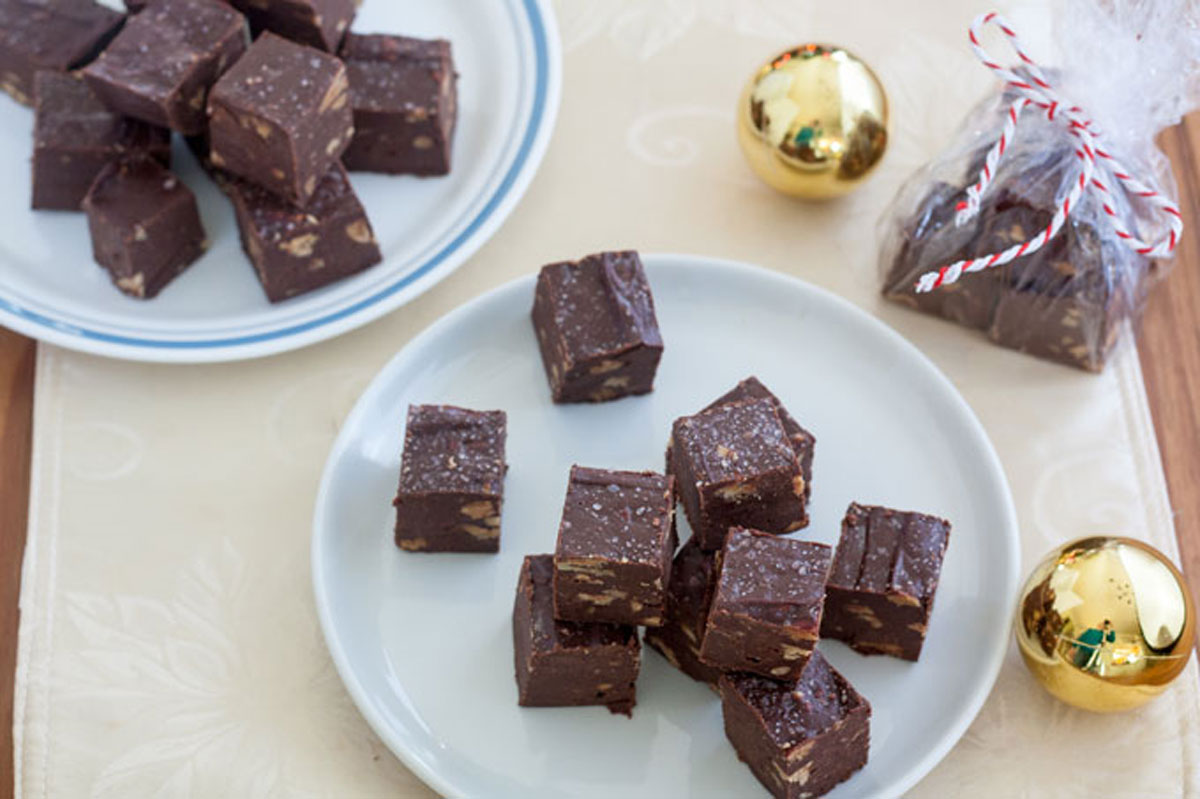 Overhead shot of salt sprinkled chocolate fudge