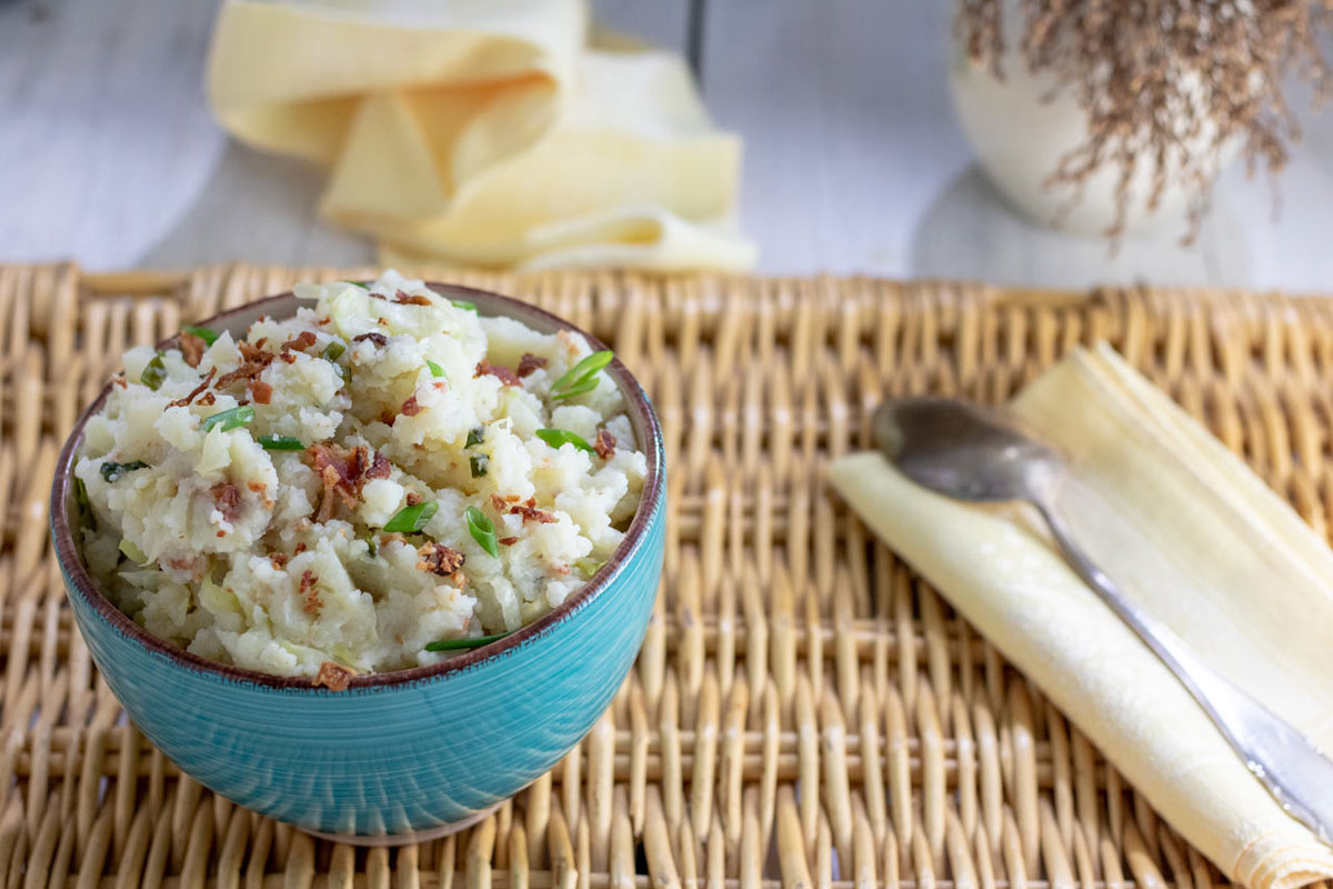Colcannon on wicker board.