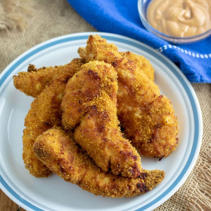 Crispy air fryer chicken on white plate.