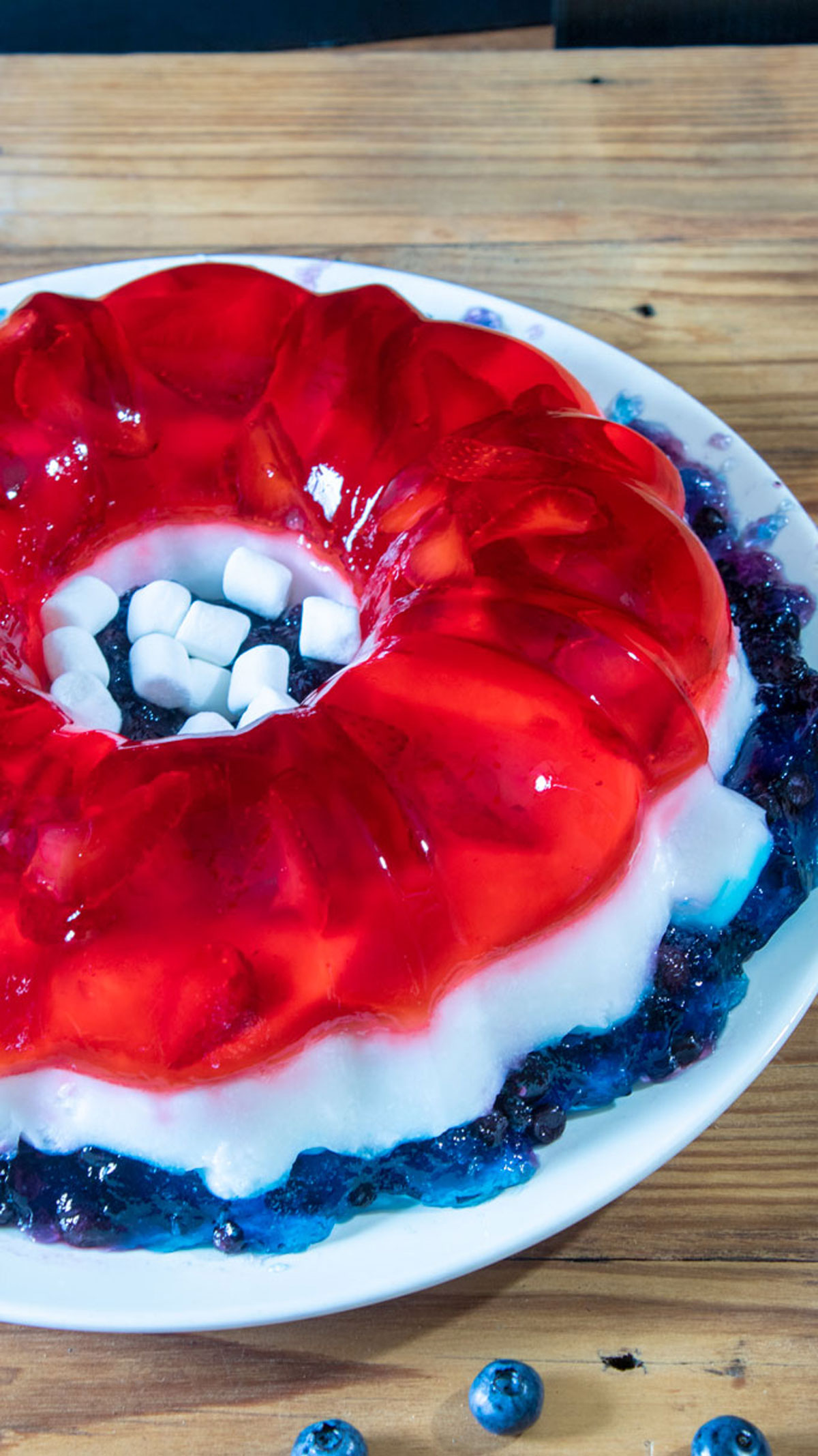 Red white & blue jello salad with mini marshmallows