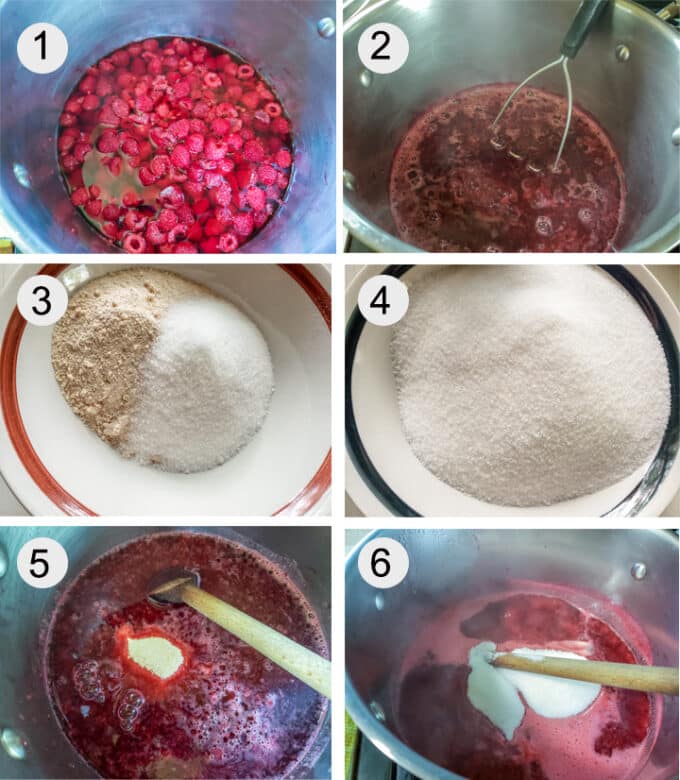 raspberries in pan. raspberries cooked down. pectin and sugar in bowl. Remaining sugar in bowl. pectin added. Sugar added.