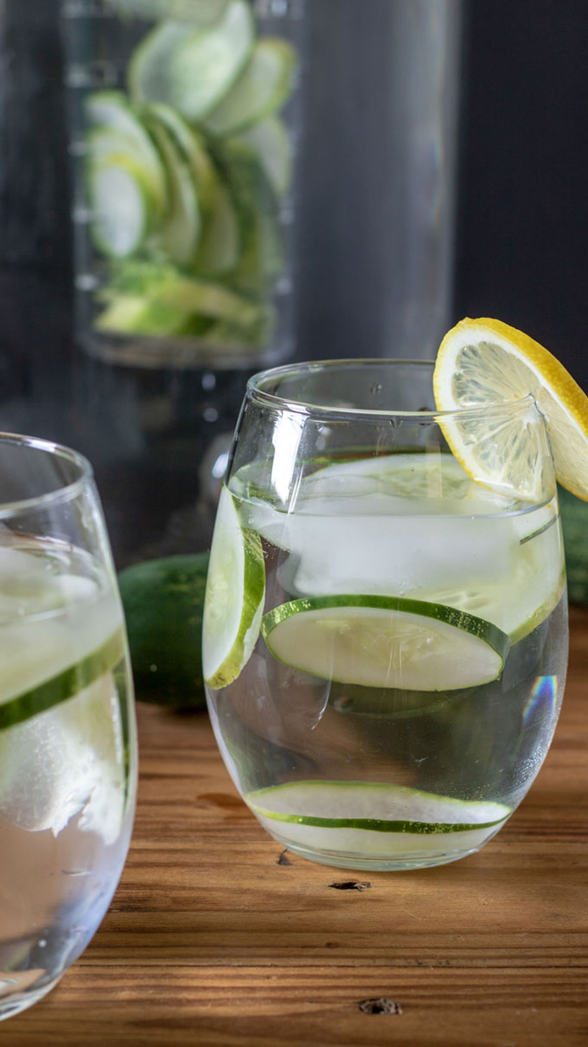 Close up glasses of cucumber infused water